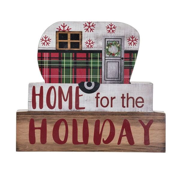 Chunky Print Stacking Block Sign Home for the Holiday Plaid Camper Shelf Sitter - Picture 1 of 4